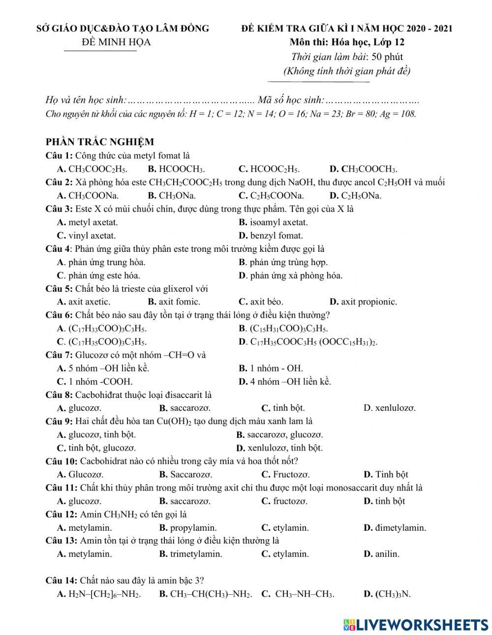 Ôn tập giữa học kì i hoá 12