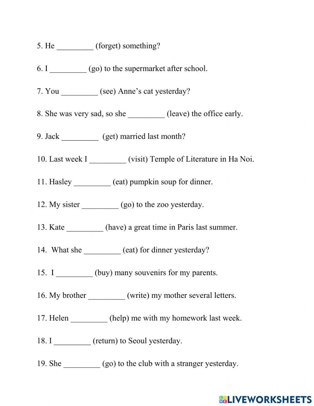 Bài tập thì quá khứ đơn 2