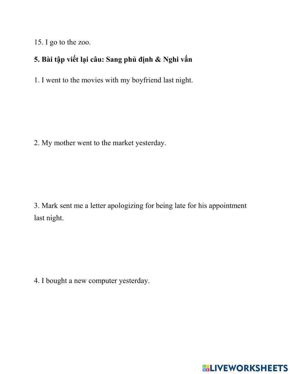 Bài tập thì quá khứ đơn 2