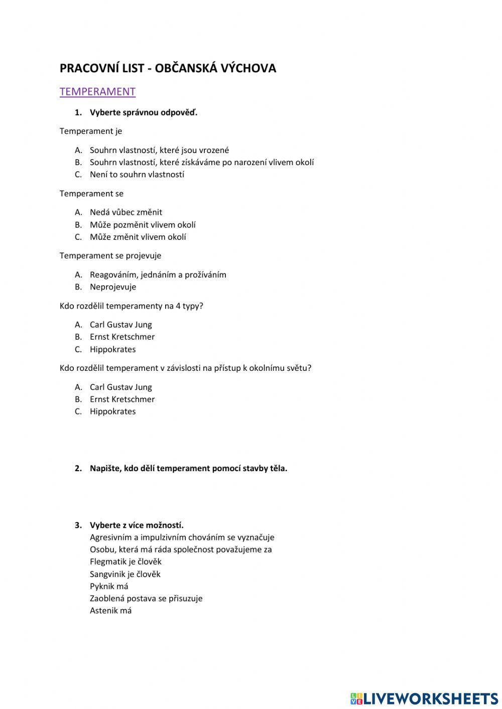 Pracovní list- temperament