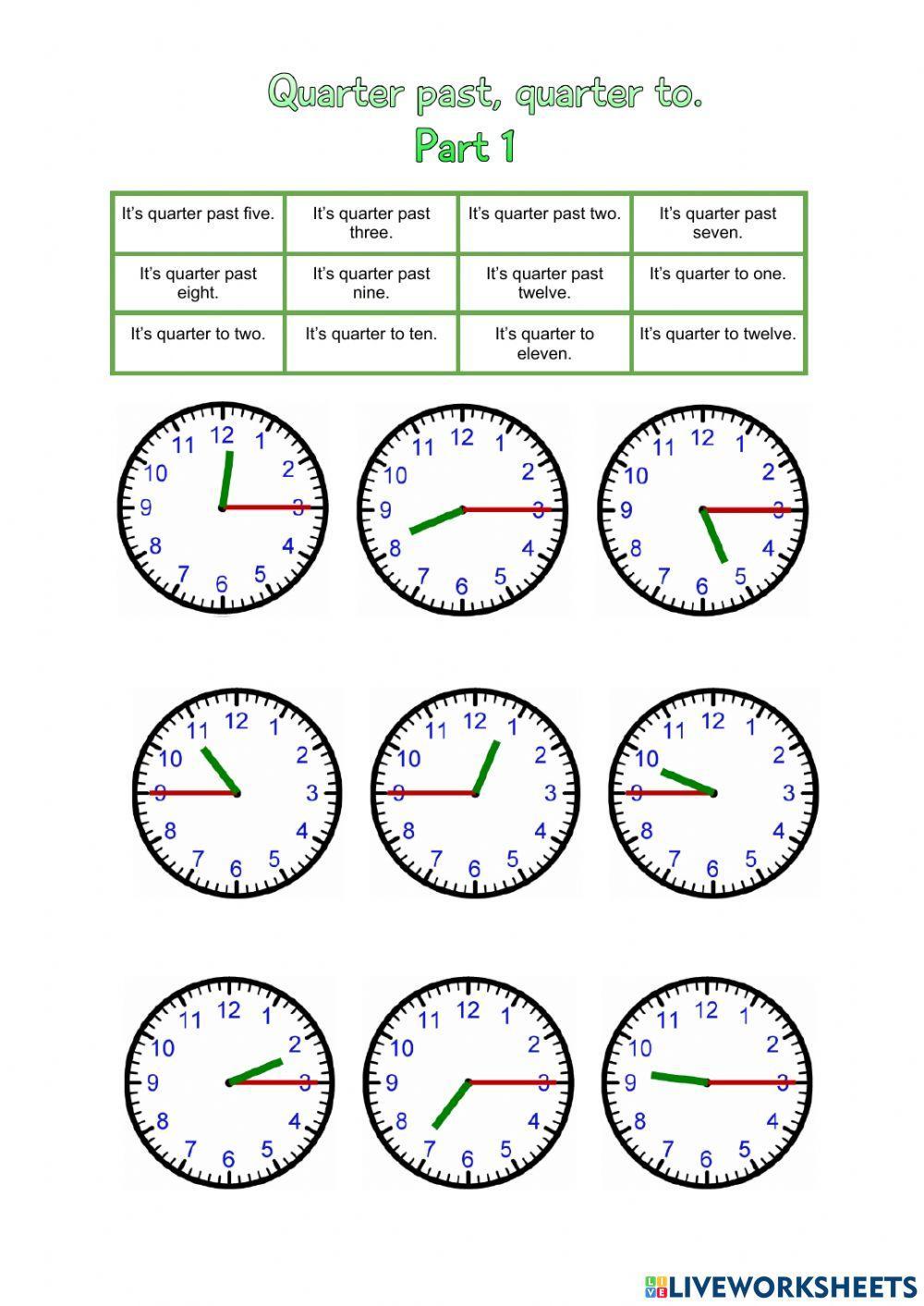 Telling the time. Quarter past-to