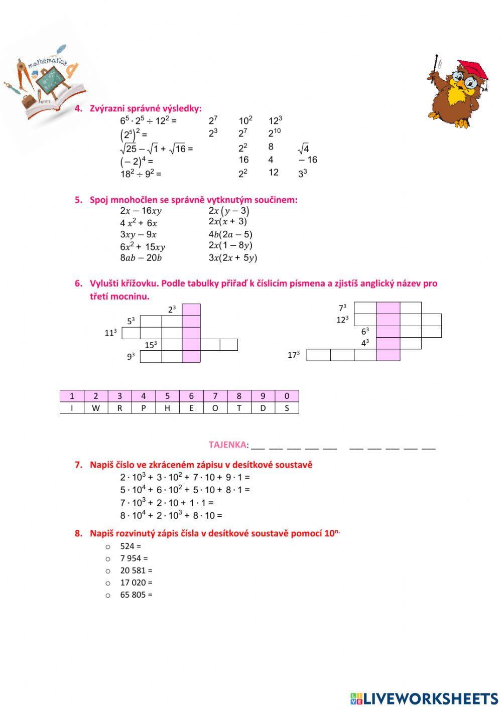 Pracovní list - mocniny a odmocniny