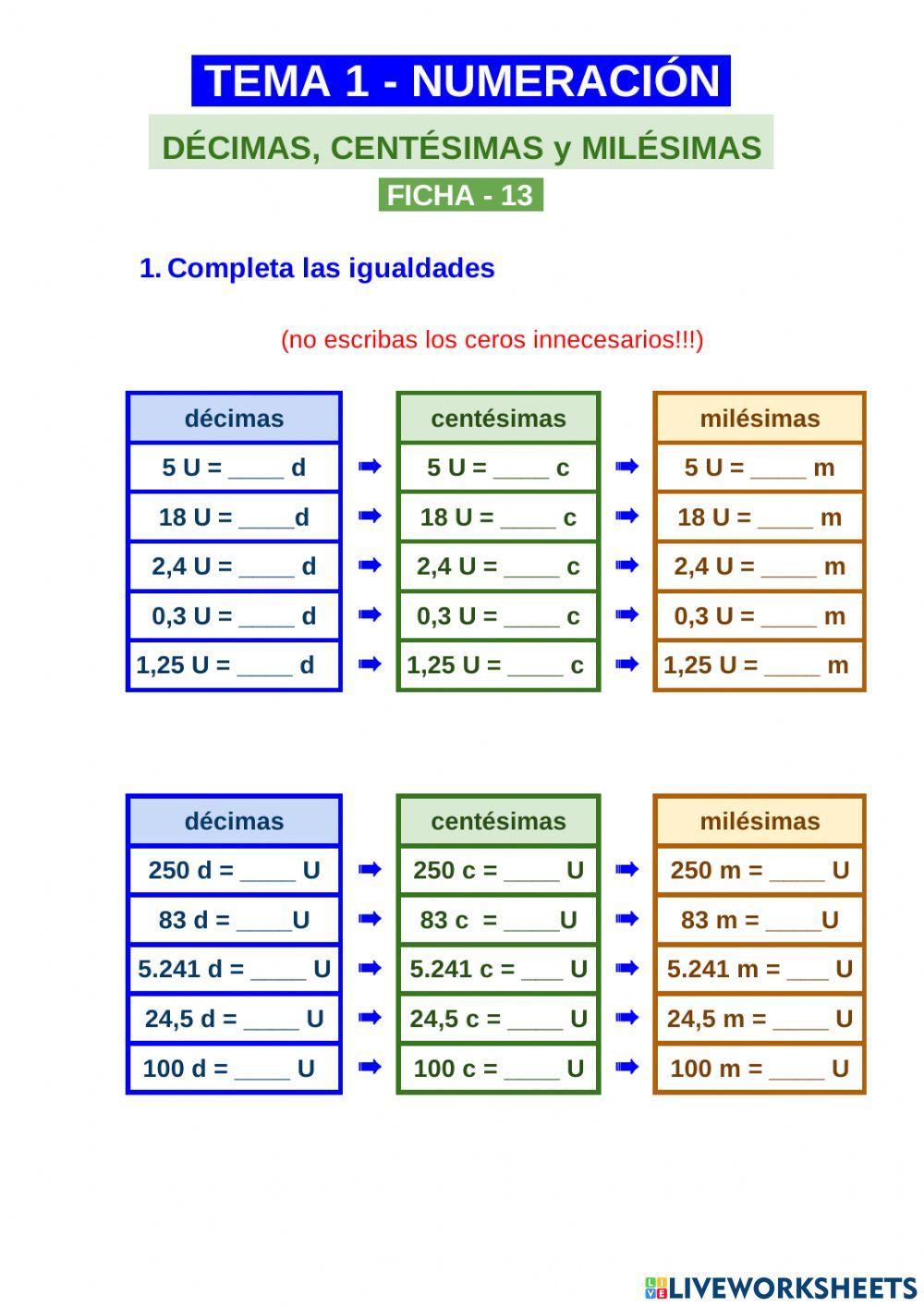 DÉCIMAS, CENTÉSIMAS y MILÉSIMAS