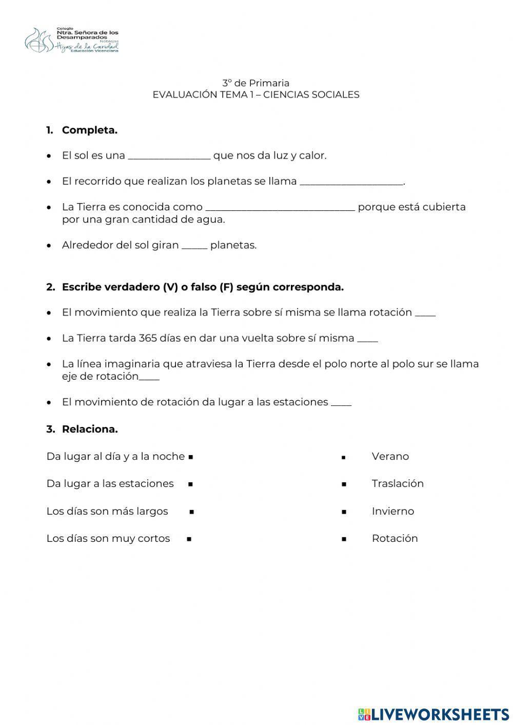 Evaluación Tema 1 3º Prim