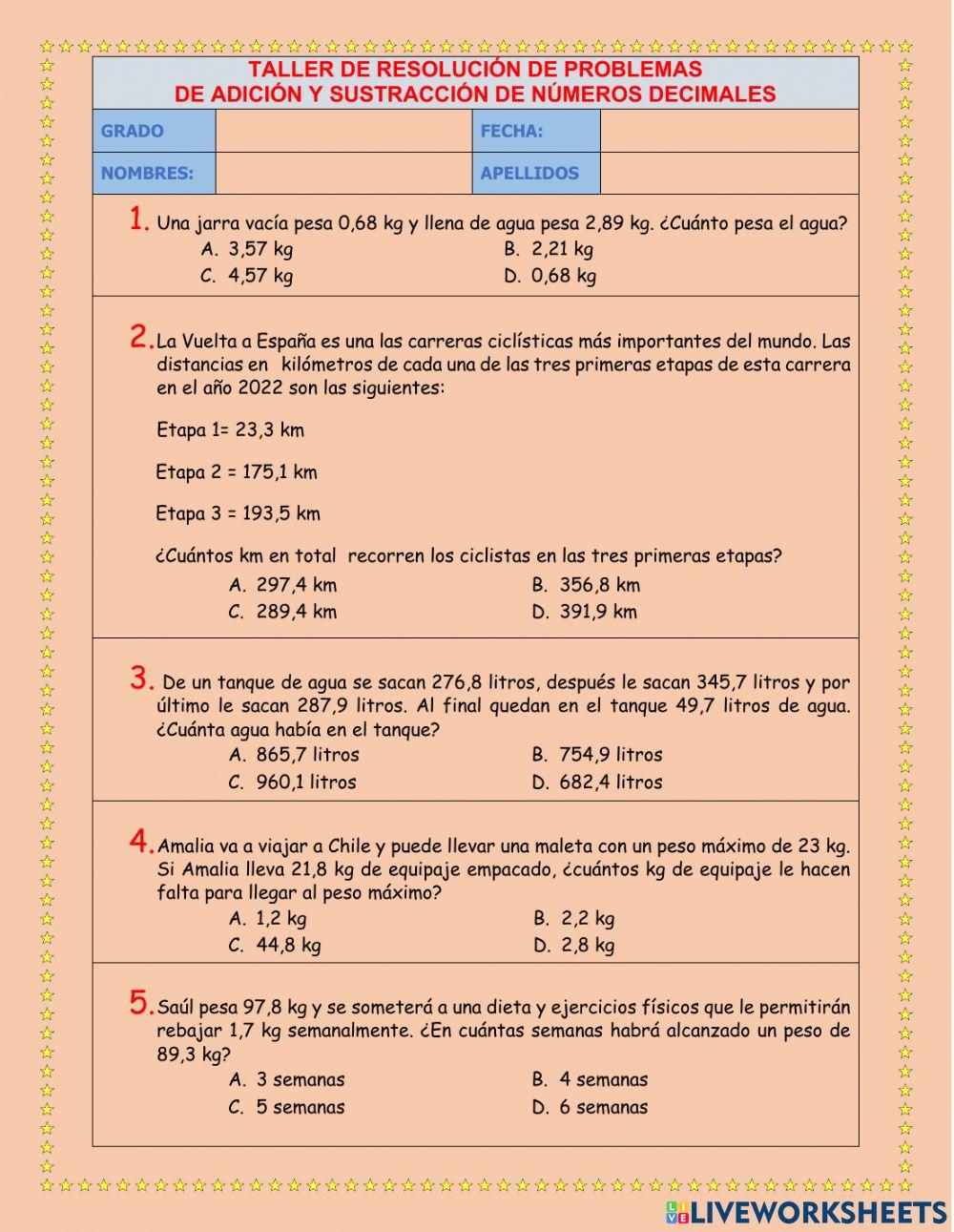 Problemas de adición y sustracción de decimales
