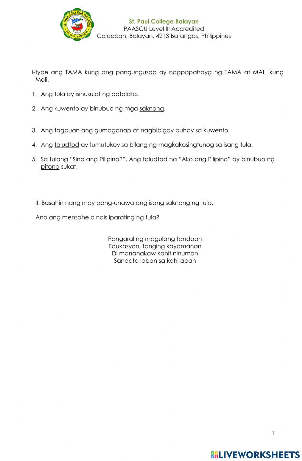 Elemento ng tula at kuwento online exercise for live worksheets