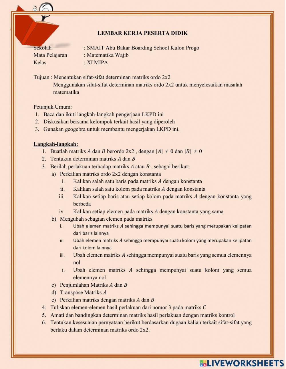 Sifat Determinan matriks ordo 2x2