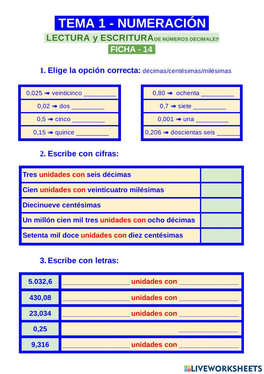 Lectura y escritura de números decimales