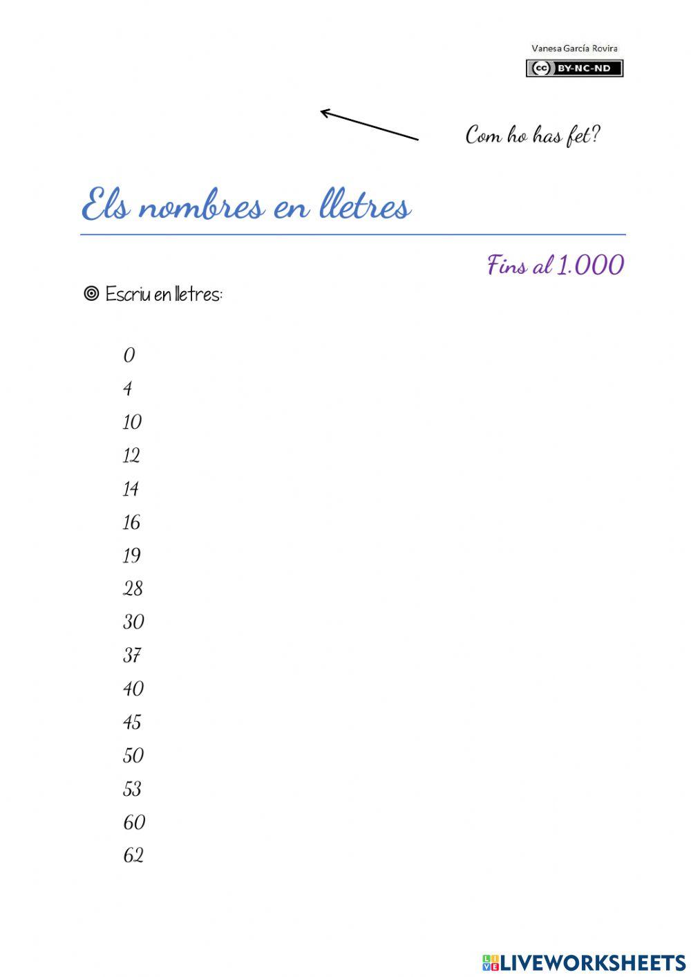 Els nombres en lletres (fins 1.000)