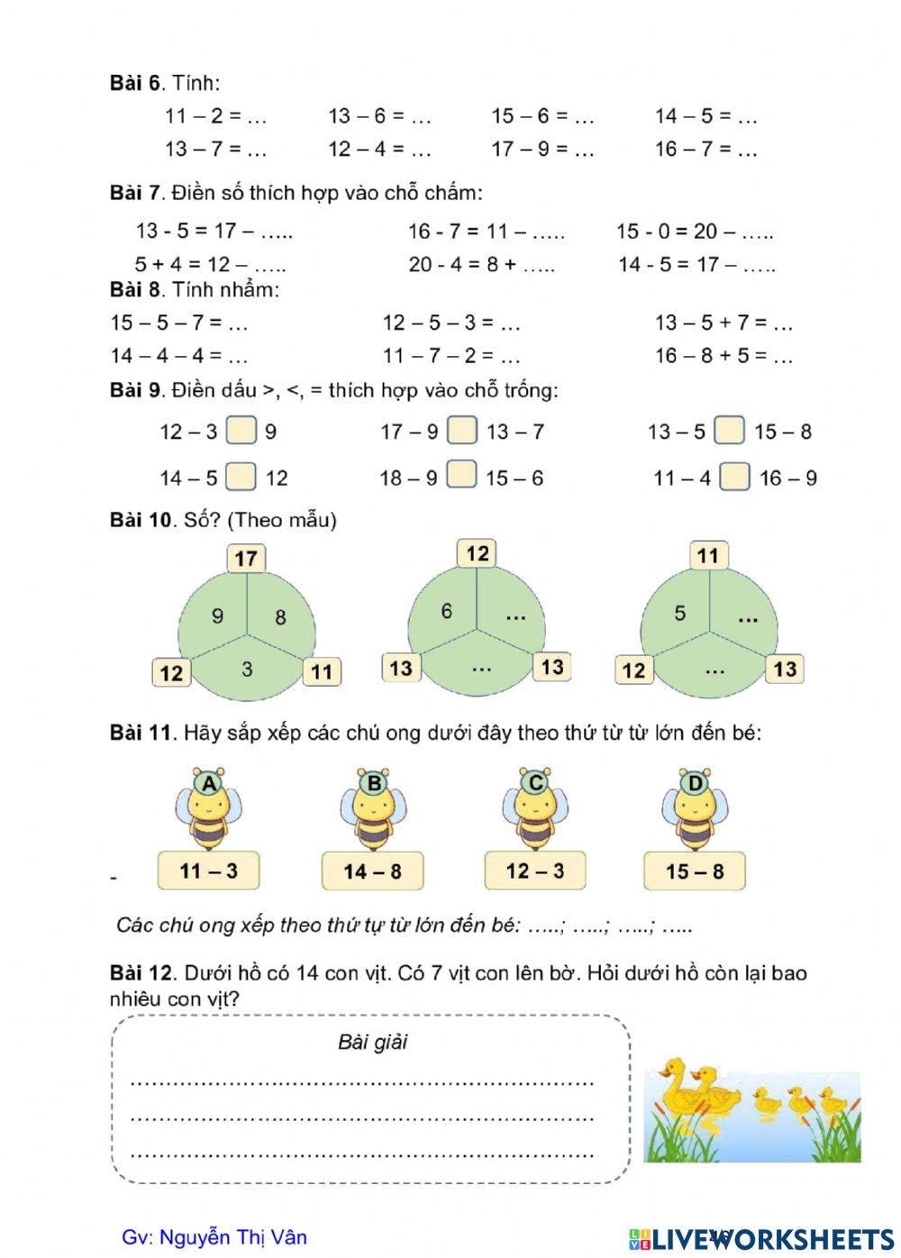 Phép trừ( qua 10) trong PV 20