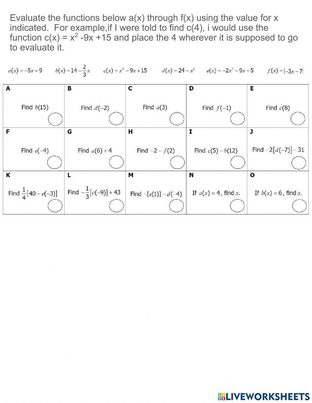 Evaluating functions online exercise for live worksheets