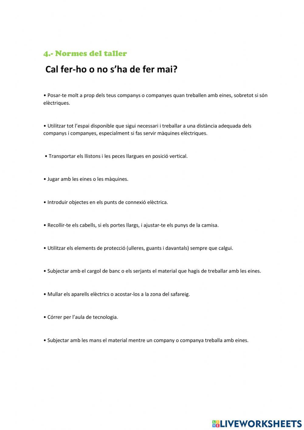 Ferramentes, zones del taller i normes