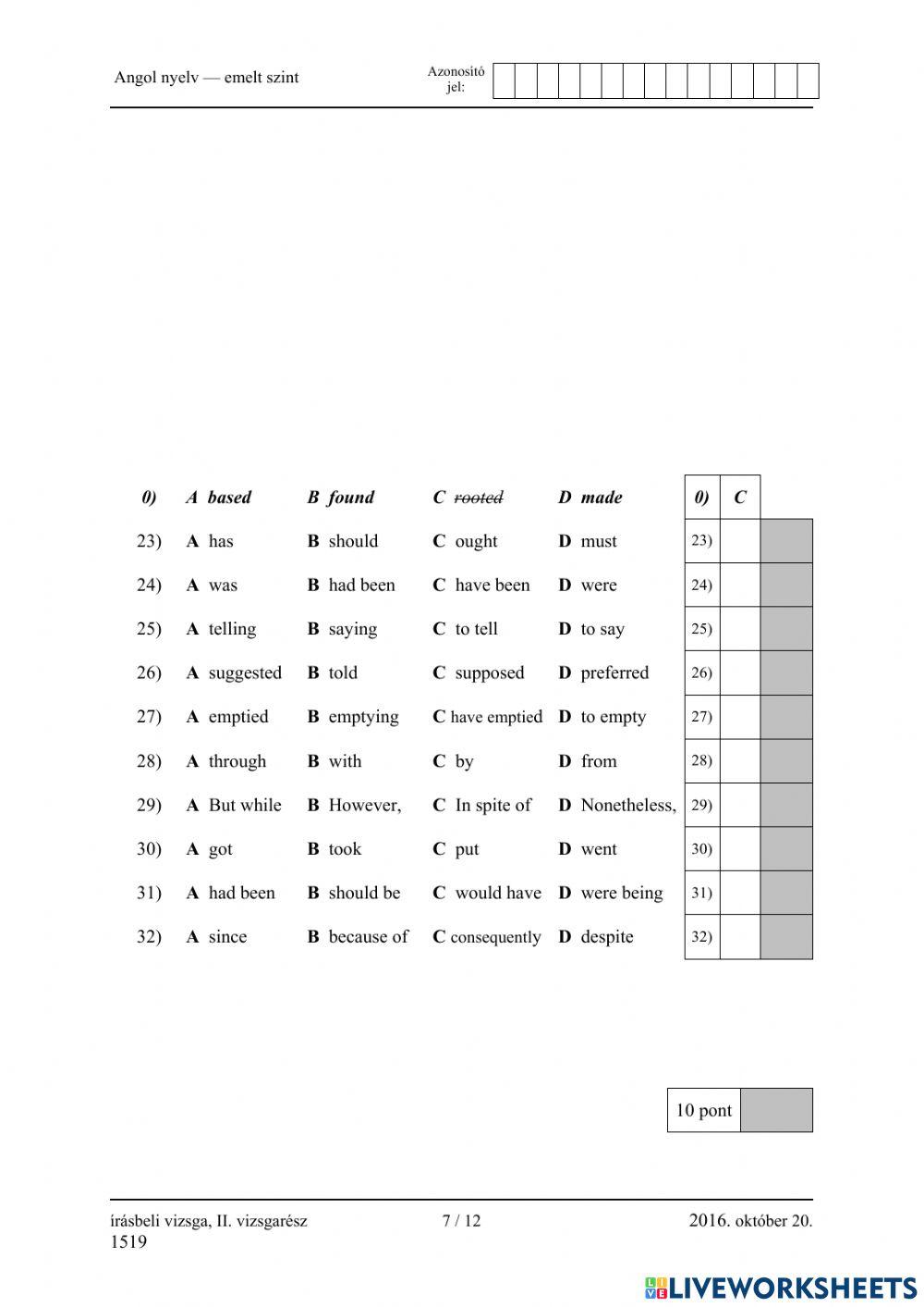 Érettségi 2016 október Nyelvhelyesség