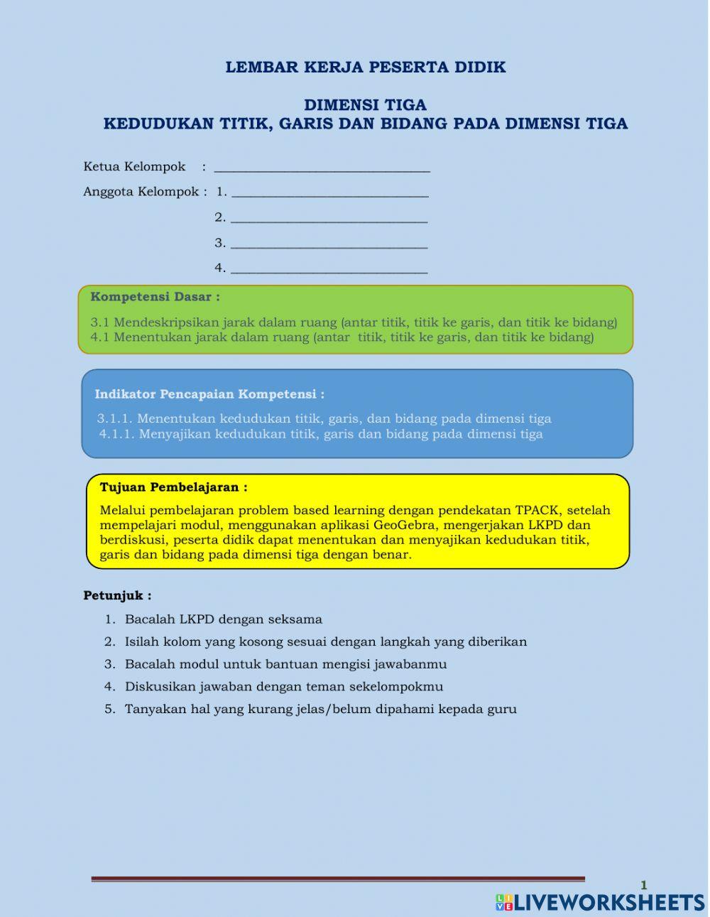Kedudukan Titik, Garis dan Bidang Pada Dimensi Tiga