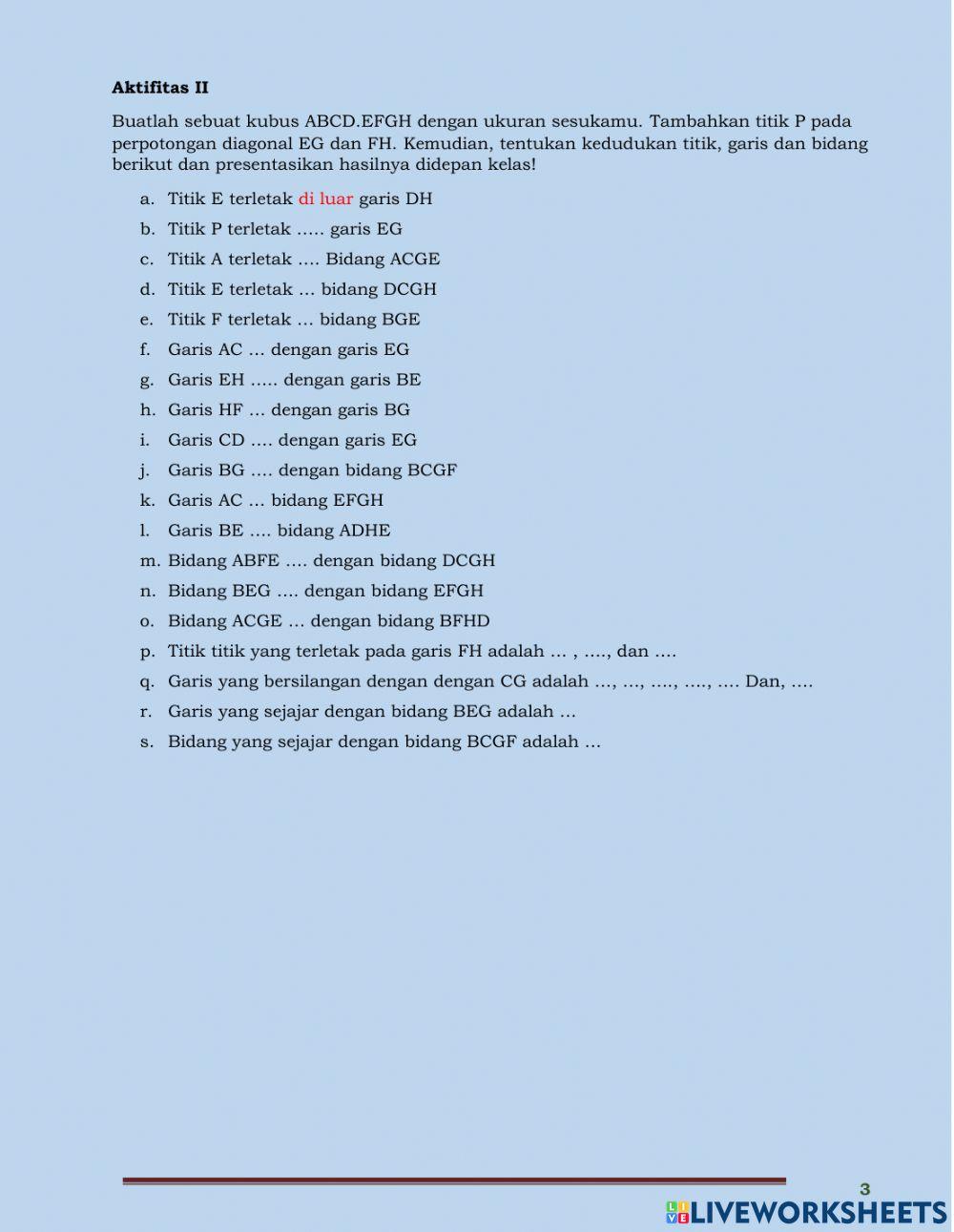 Kedudukan Titik, Garis dan Bidang Pada Dimensi Tiga