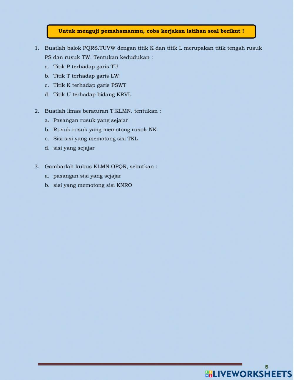 Kedudukan Titik, Garis dan Bidang Pada Dimensi Tiga