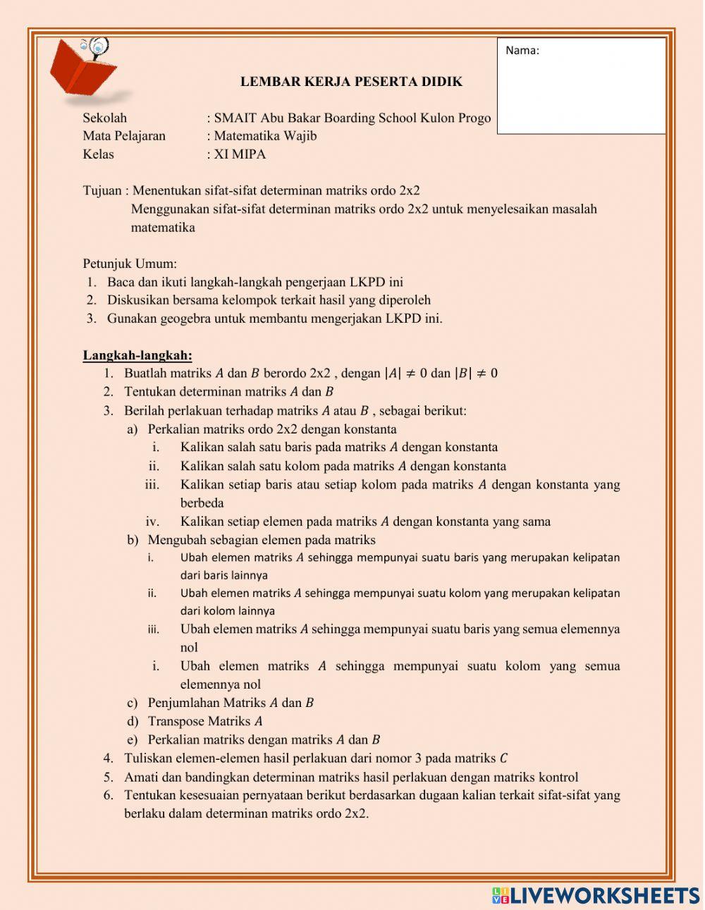 Sifat Determinan matriks ordo 2x2
