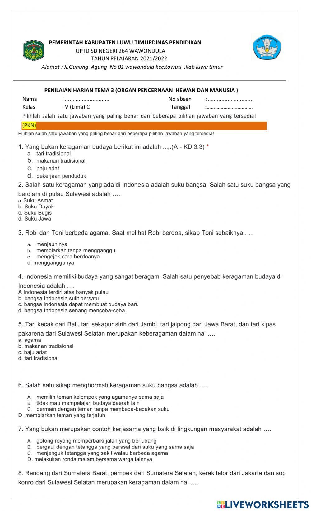 Penilaian harian tema 3