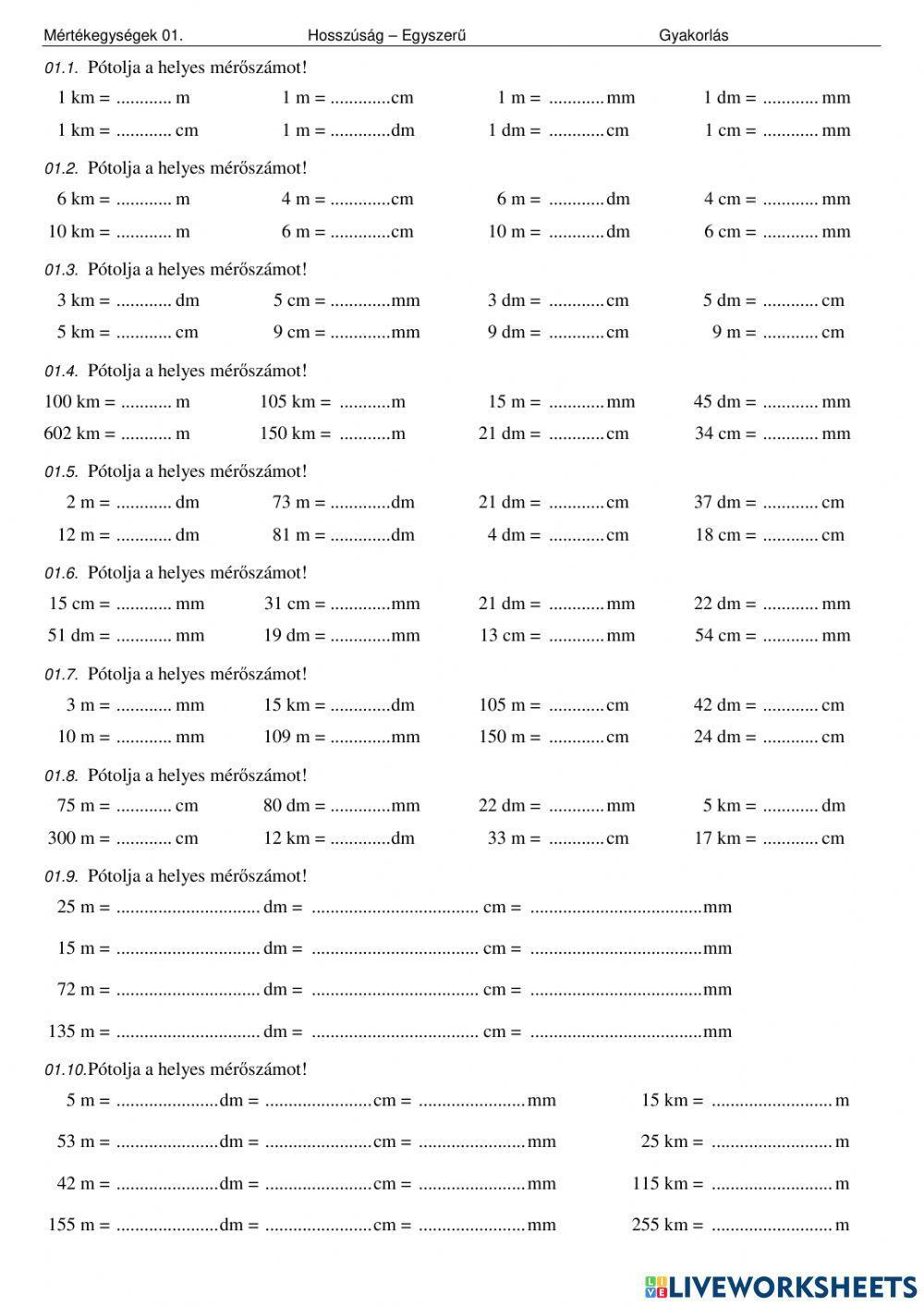 Hosszúság - mértékegység - gyakorlás 01