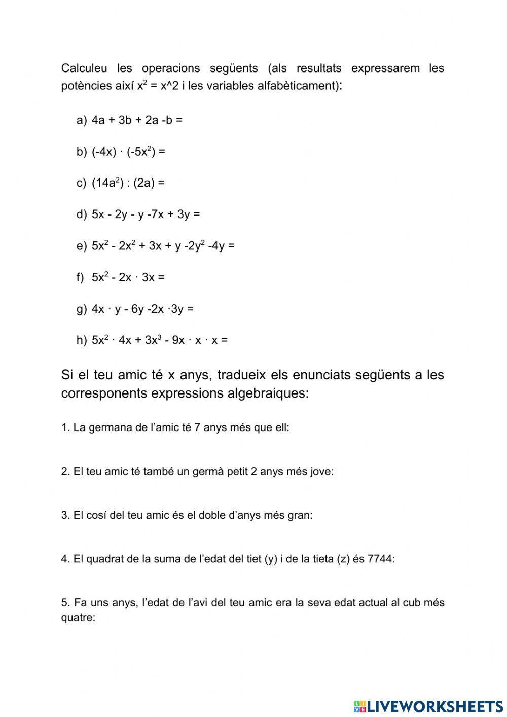 Les expressions algebraiques (2n ESO)