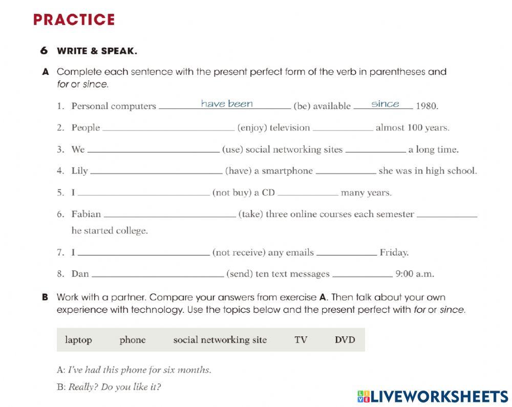 Present perfect with since and for