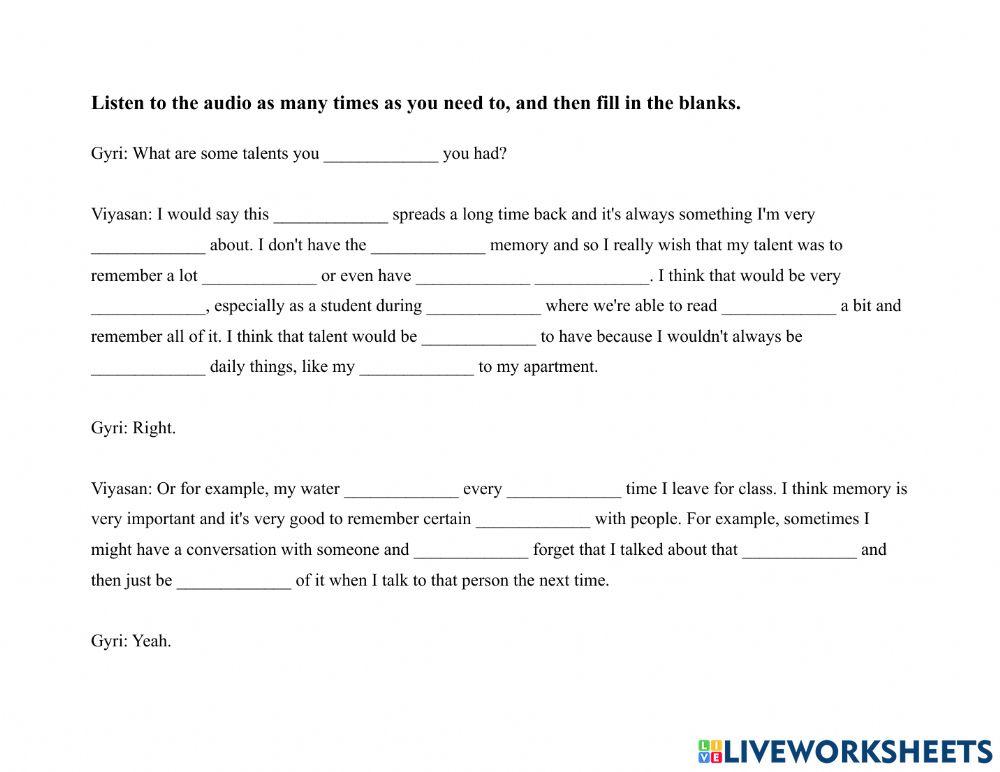 Talents 1-2 ppl Dictation Exercise