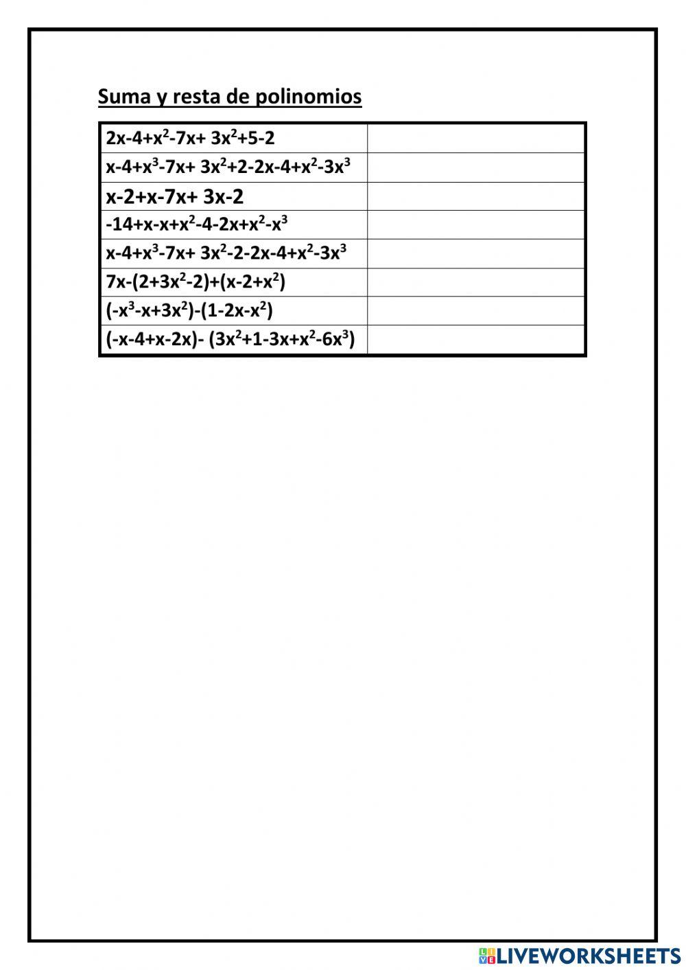 Suma resta polinomios