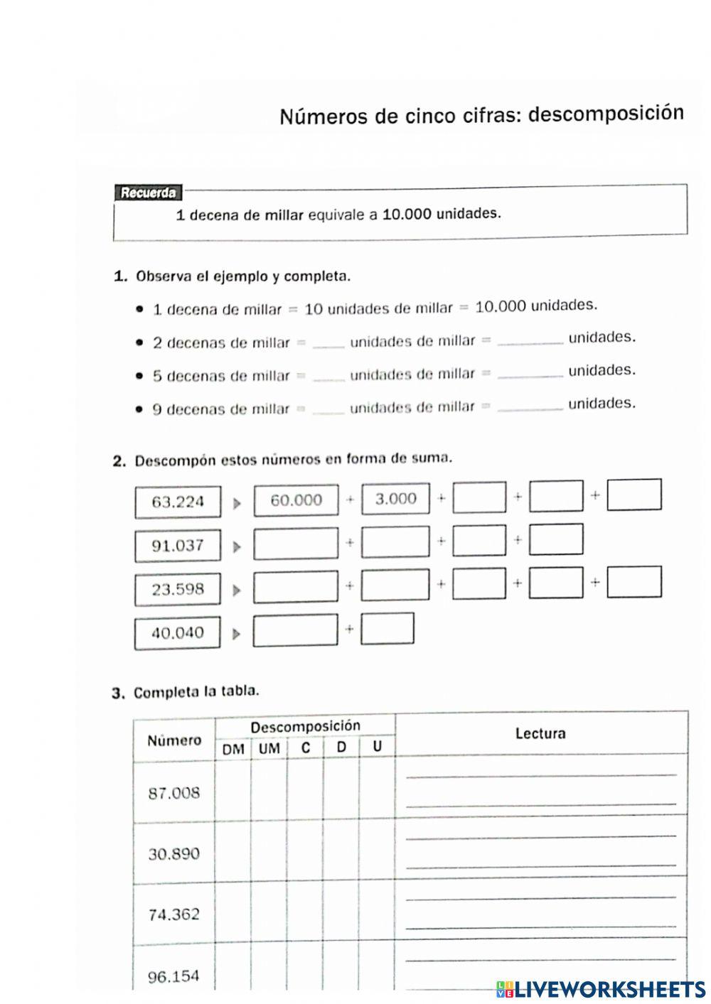 Números 5 cifras: descomposición