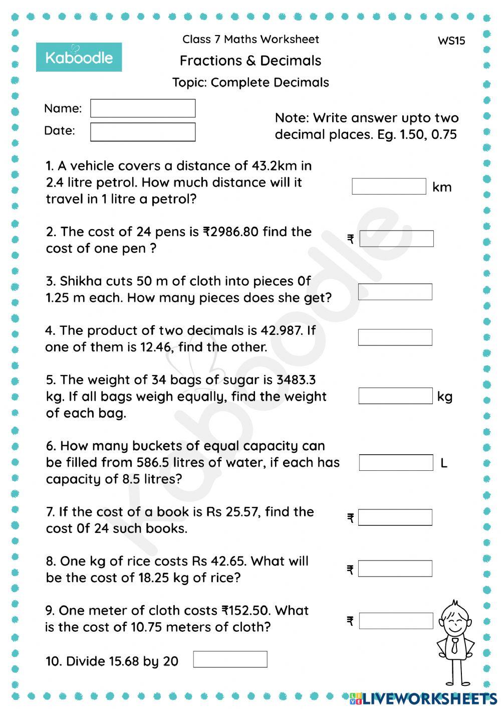 Fractions & Decimals (Complete Decimals) worksheet | Live Worksheets