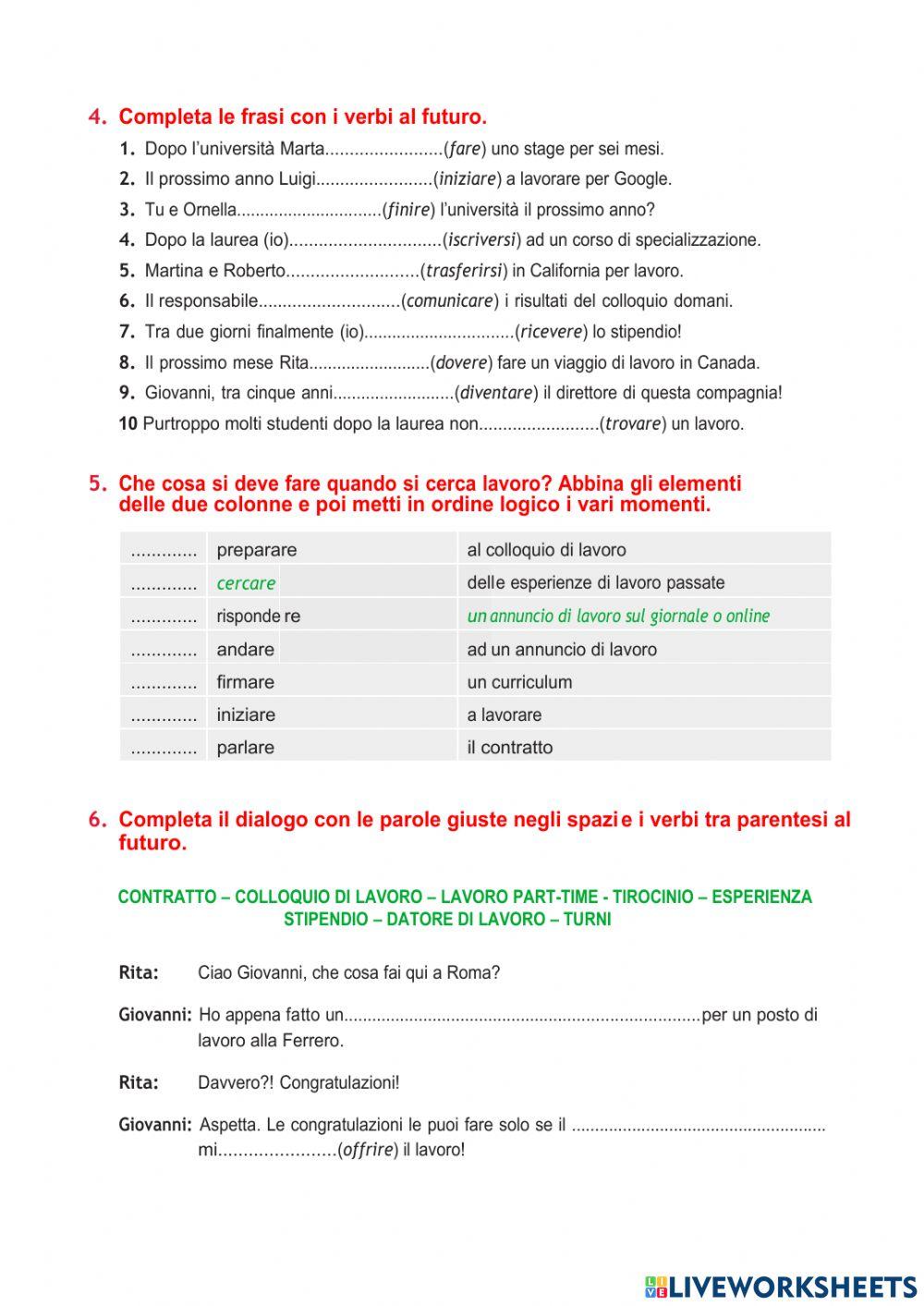 Il lavoro ed il futuro semplice A2