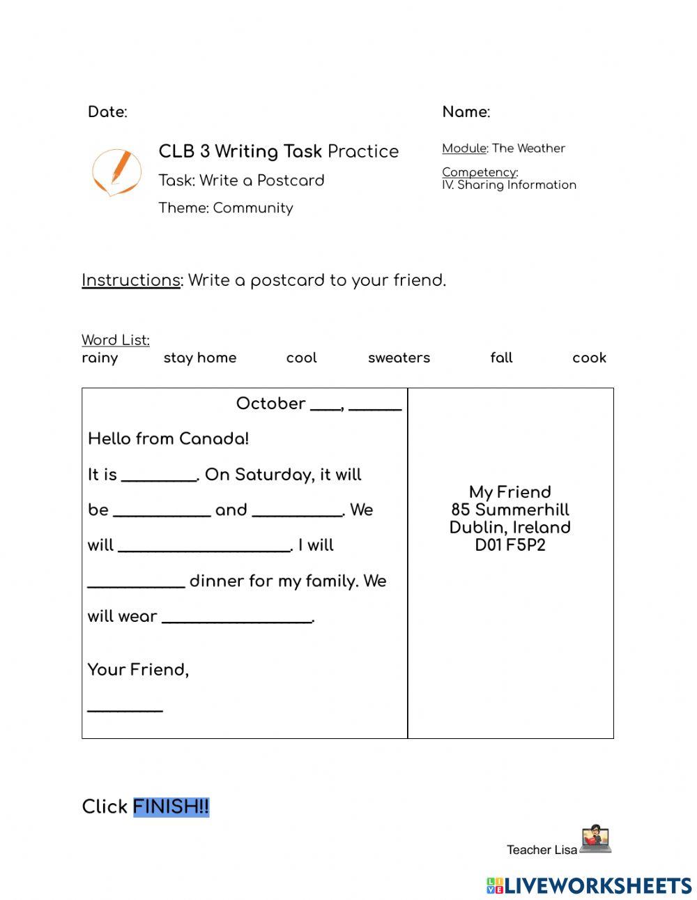 Clb 1 writing a postcard worksheet live worksheets