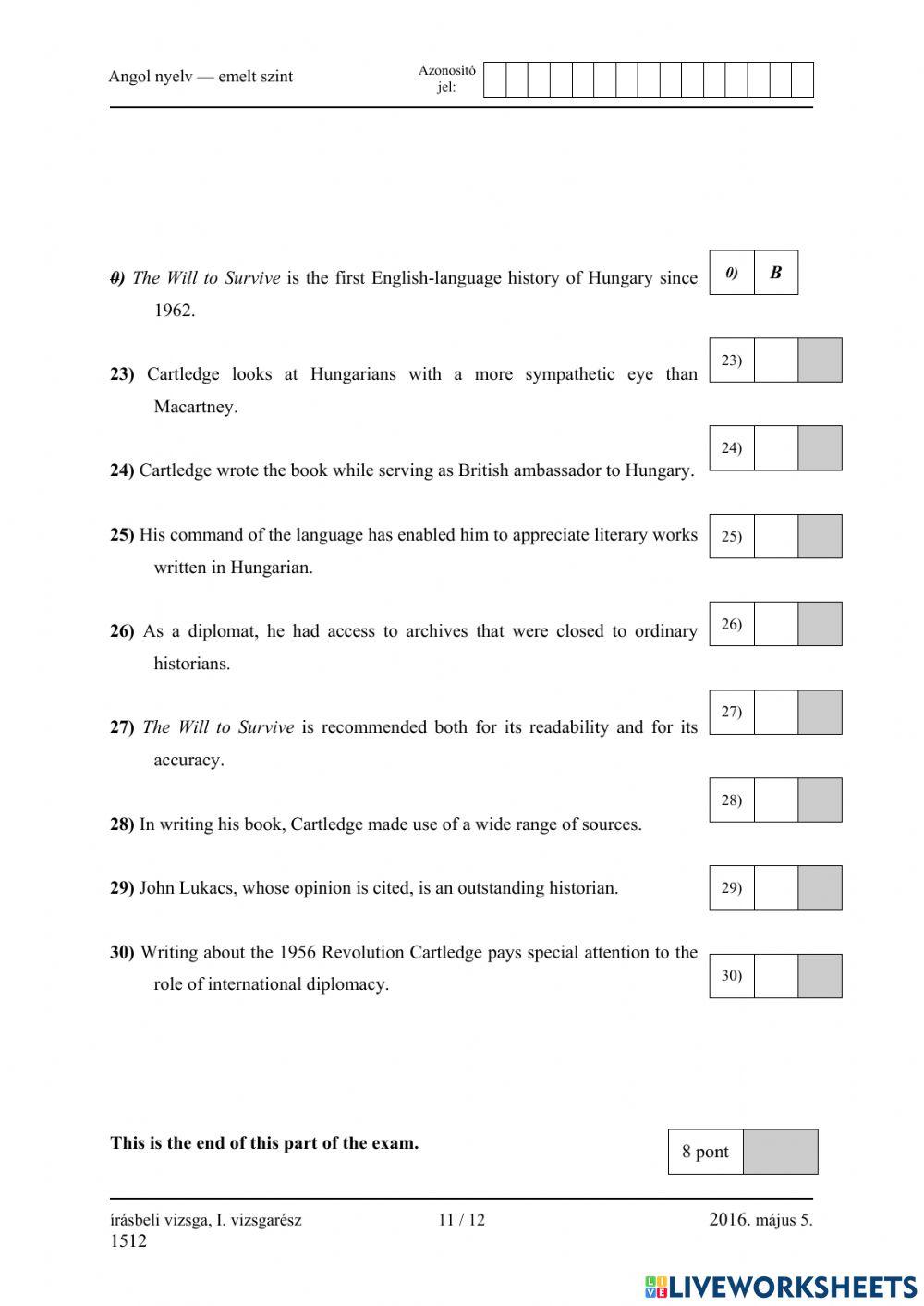 Érettségi 2016 május Olvasásértés