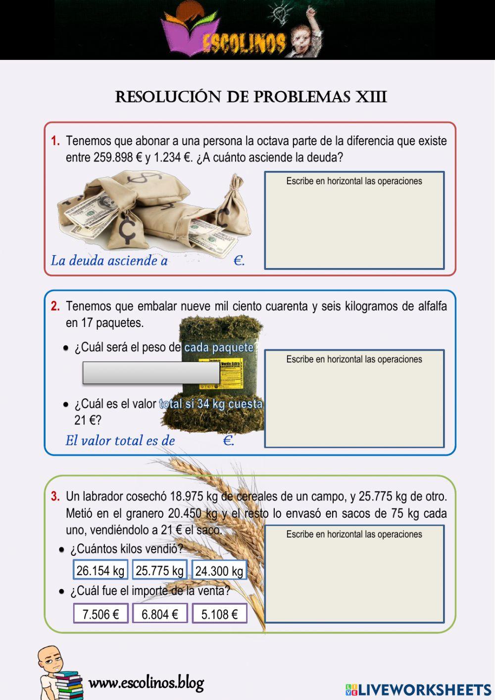 Matemáticas 5º. Resolución de problemas XIII