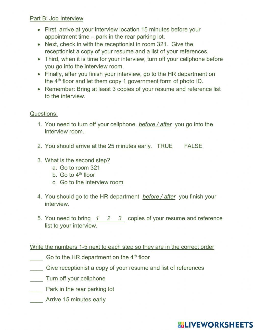 Reading Test Job Instructions