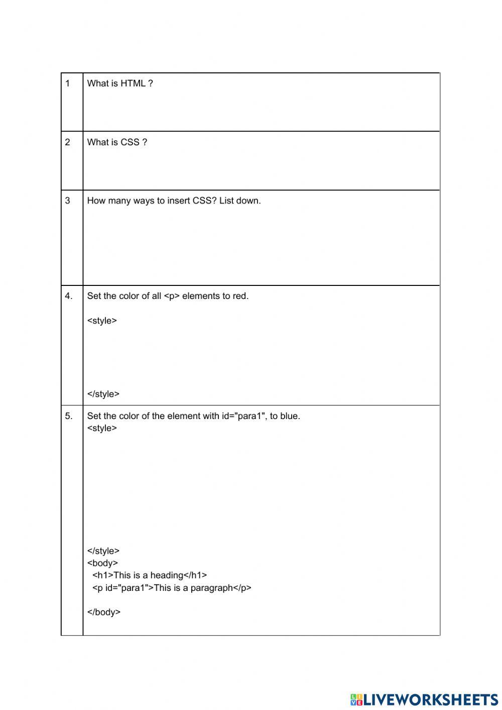 HTML CSS Assessment online exercise for | Live Worksheets