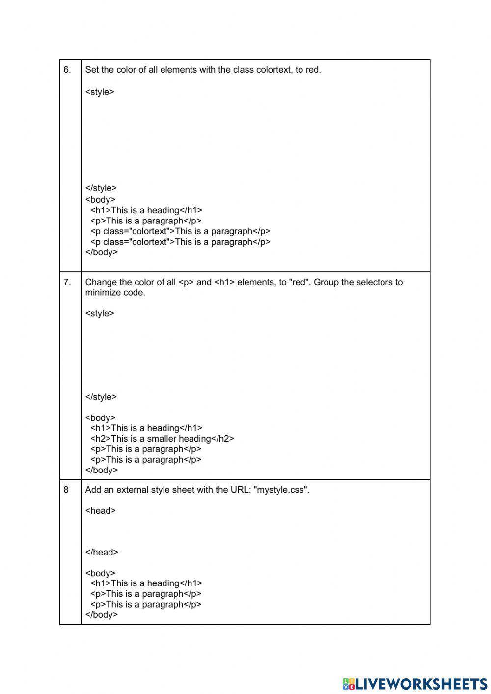 HTML CSS Assessment online exercise for | Live Worksheets