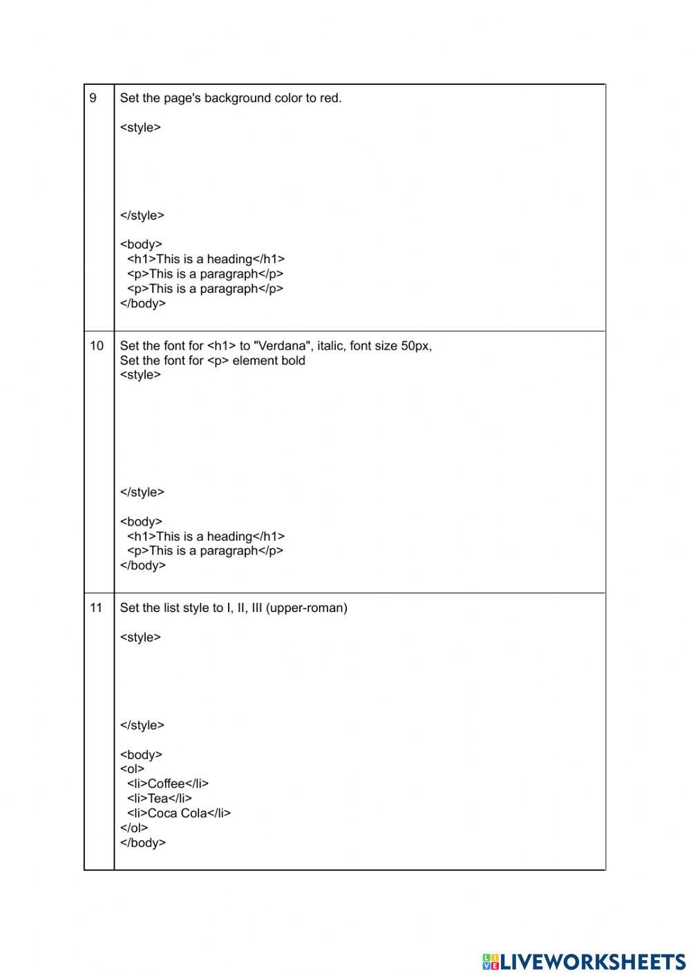 HTML CSS Assessment online exercise for | Live Worksheets