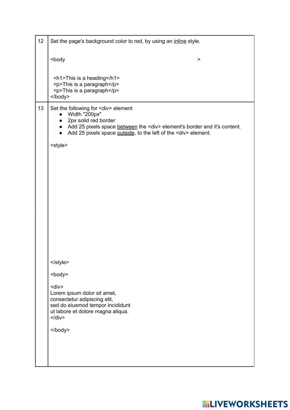 HTML CSS Assessment online exercise for | Live Worksheets