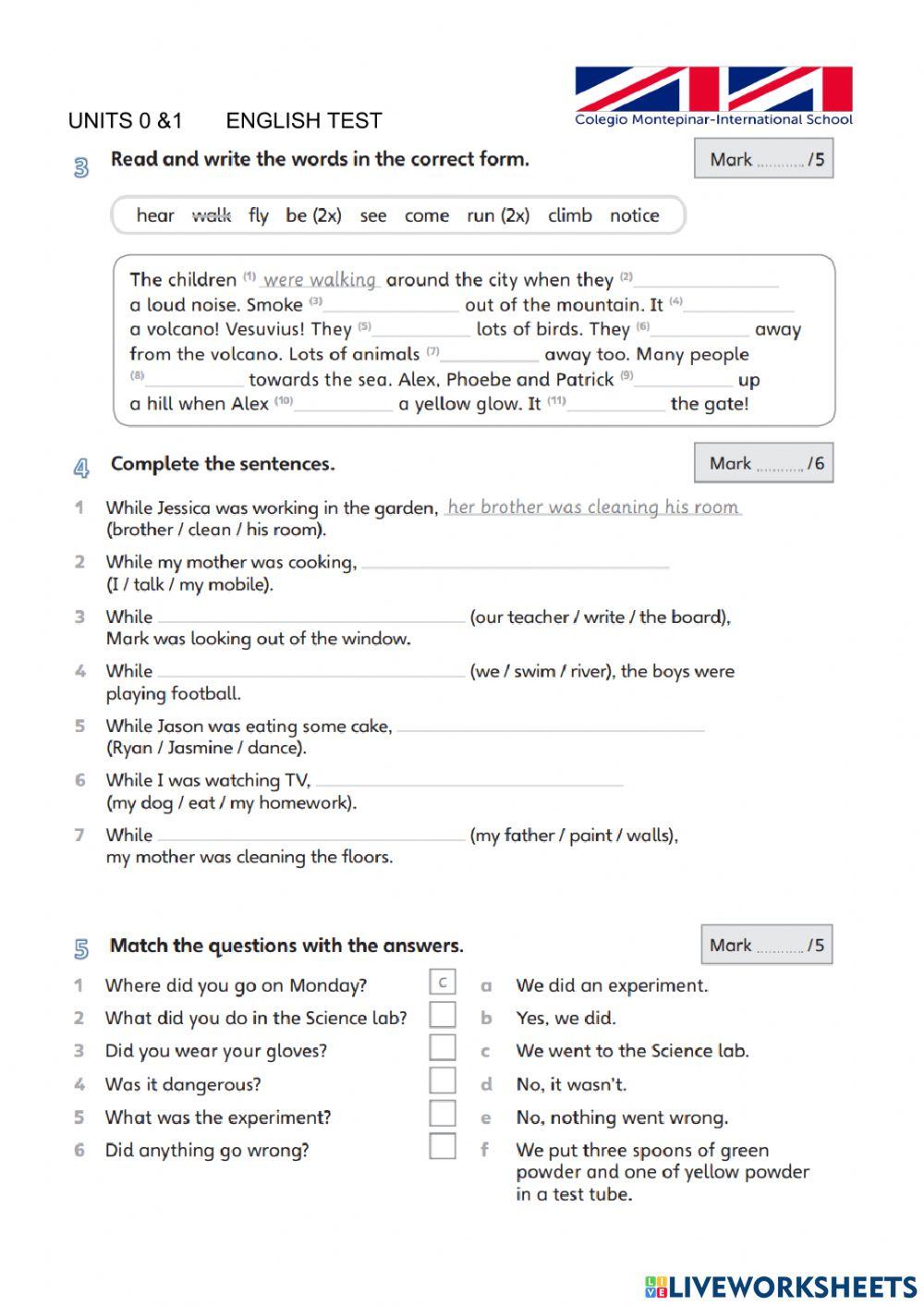 English test Units 0 and 1 P5 W