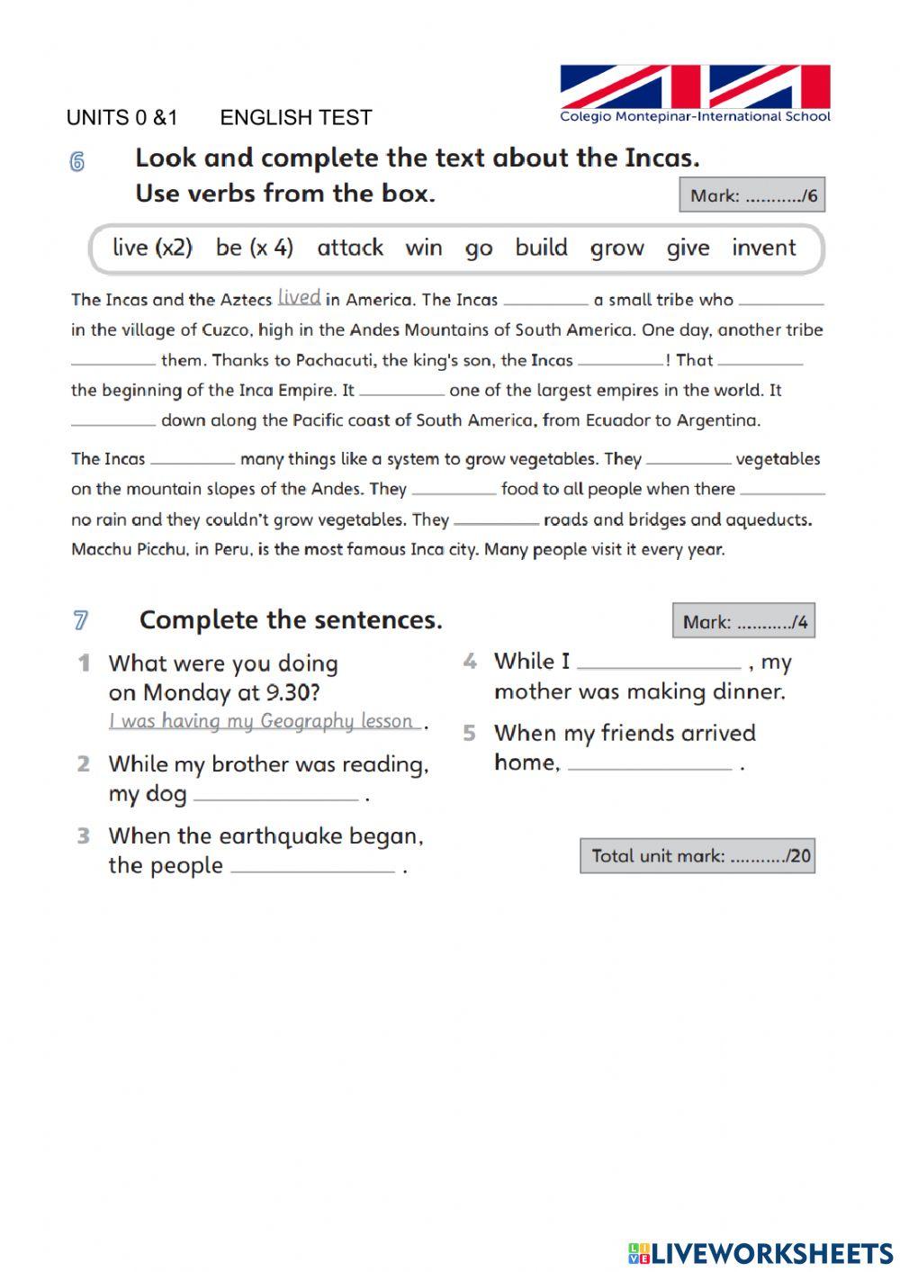 English test Units 0 and 1 P5 W