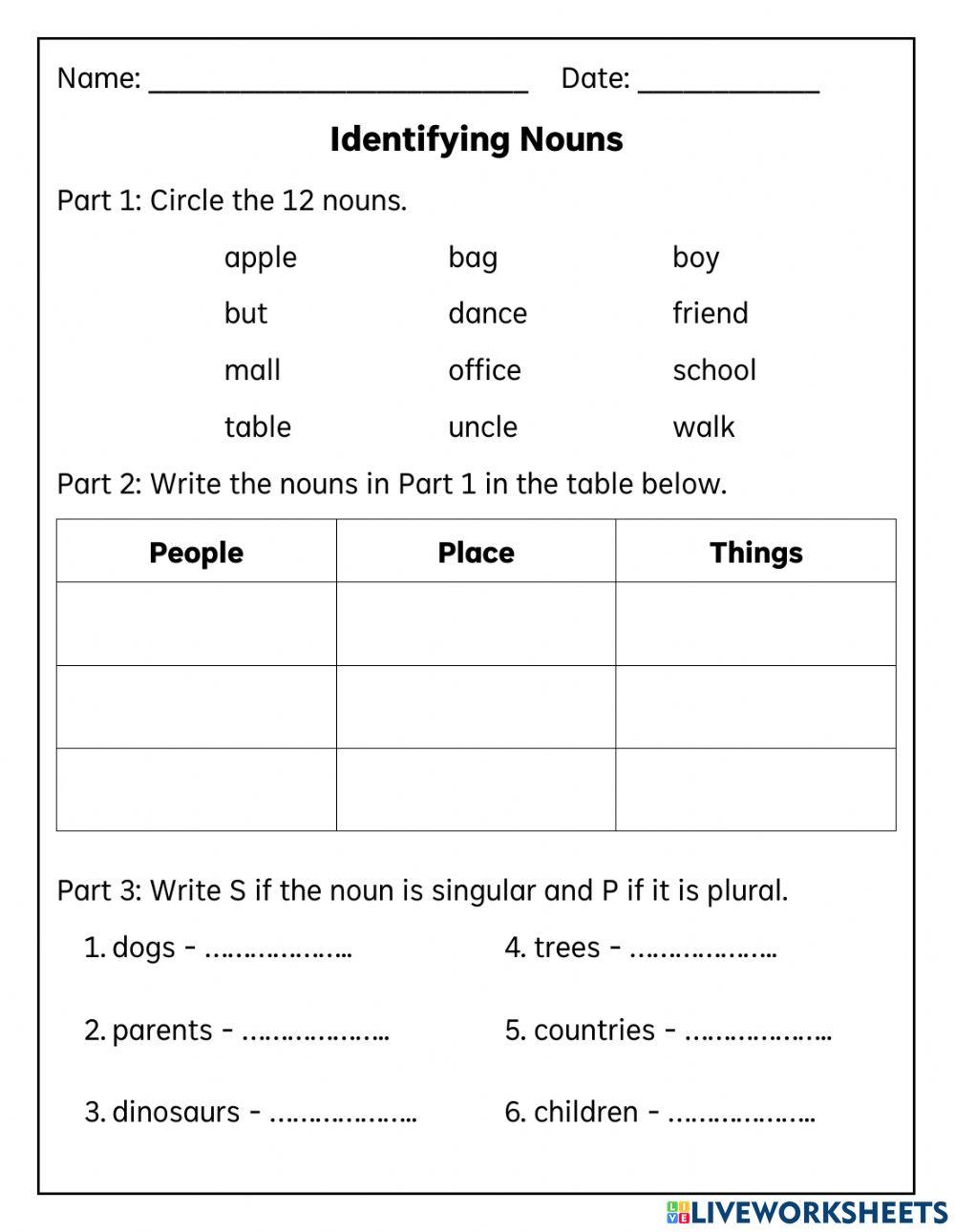 Identifying Nouns worksheet for 2 Live Worksheets