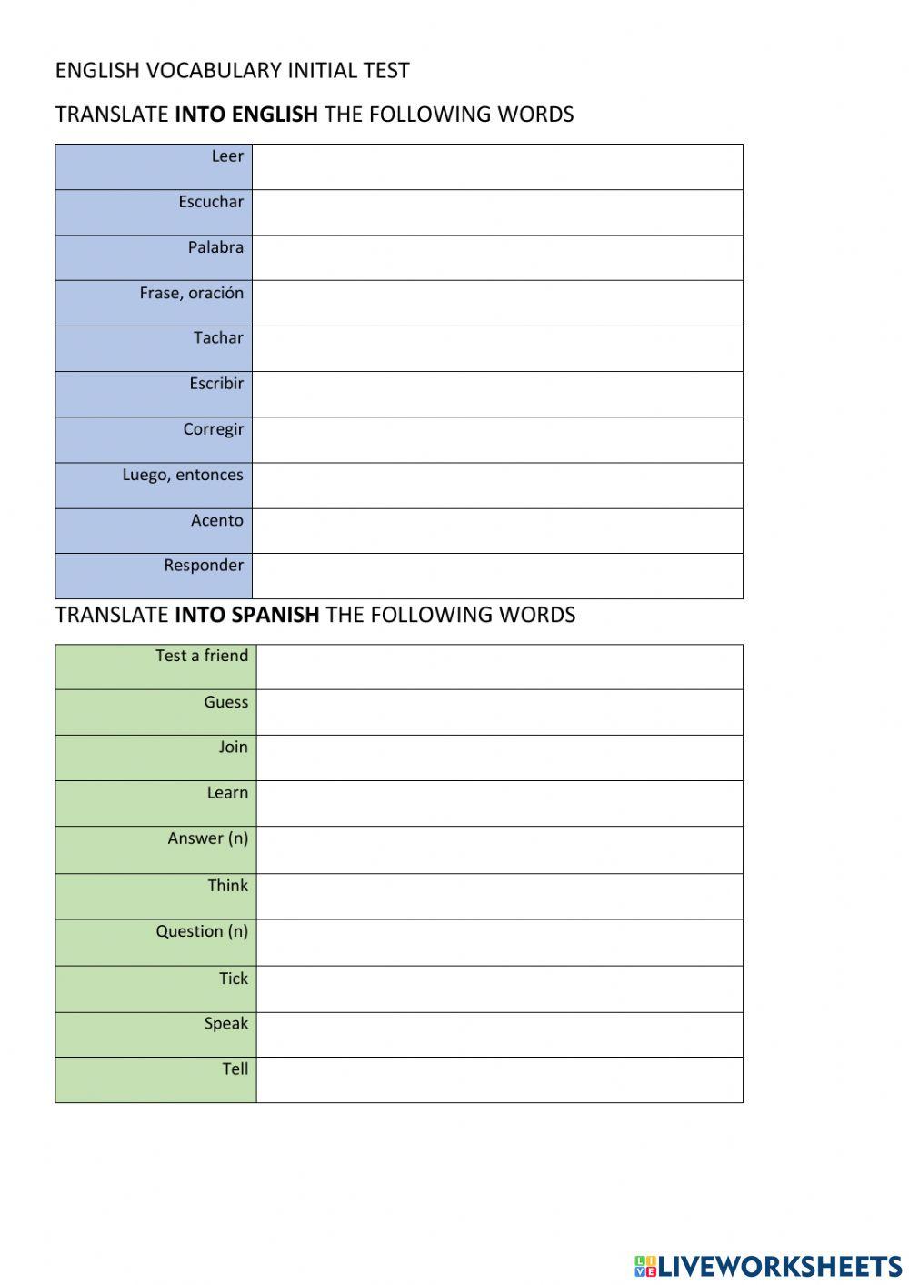 English Vocabulary Initial Test