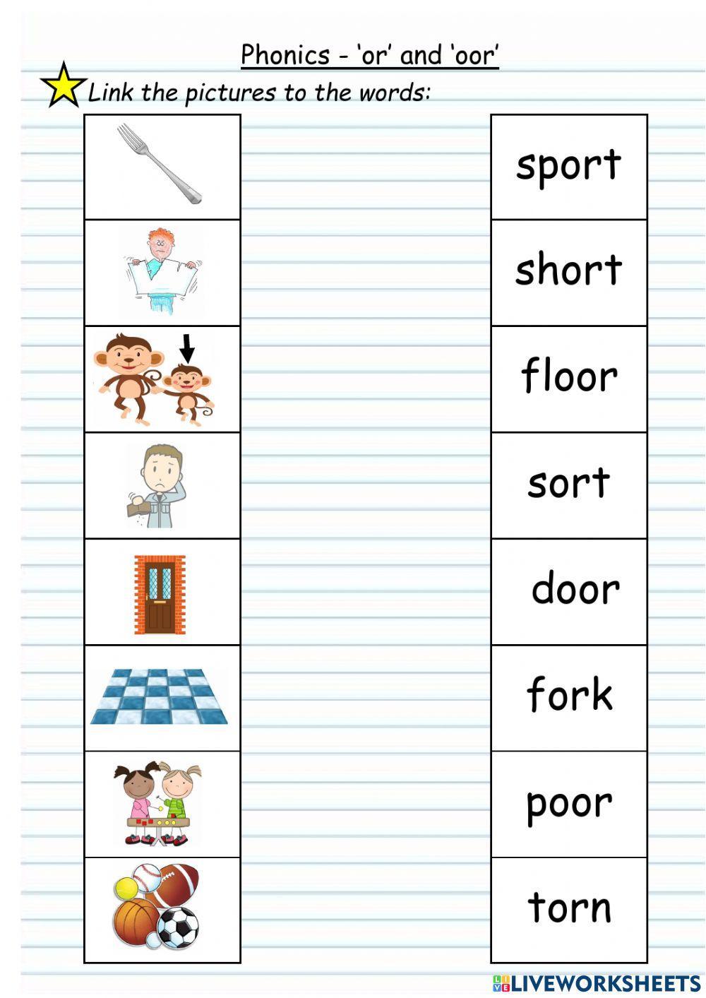 Phonics or oor and ore sound liveworksheets
