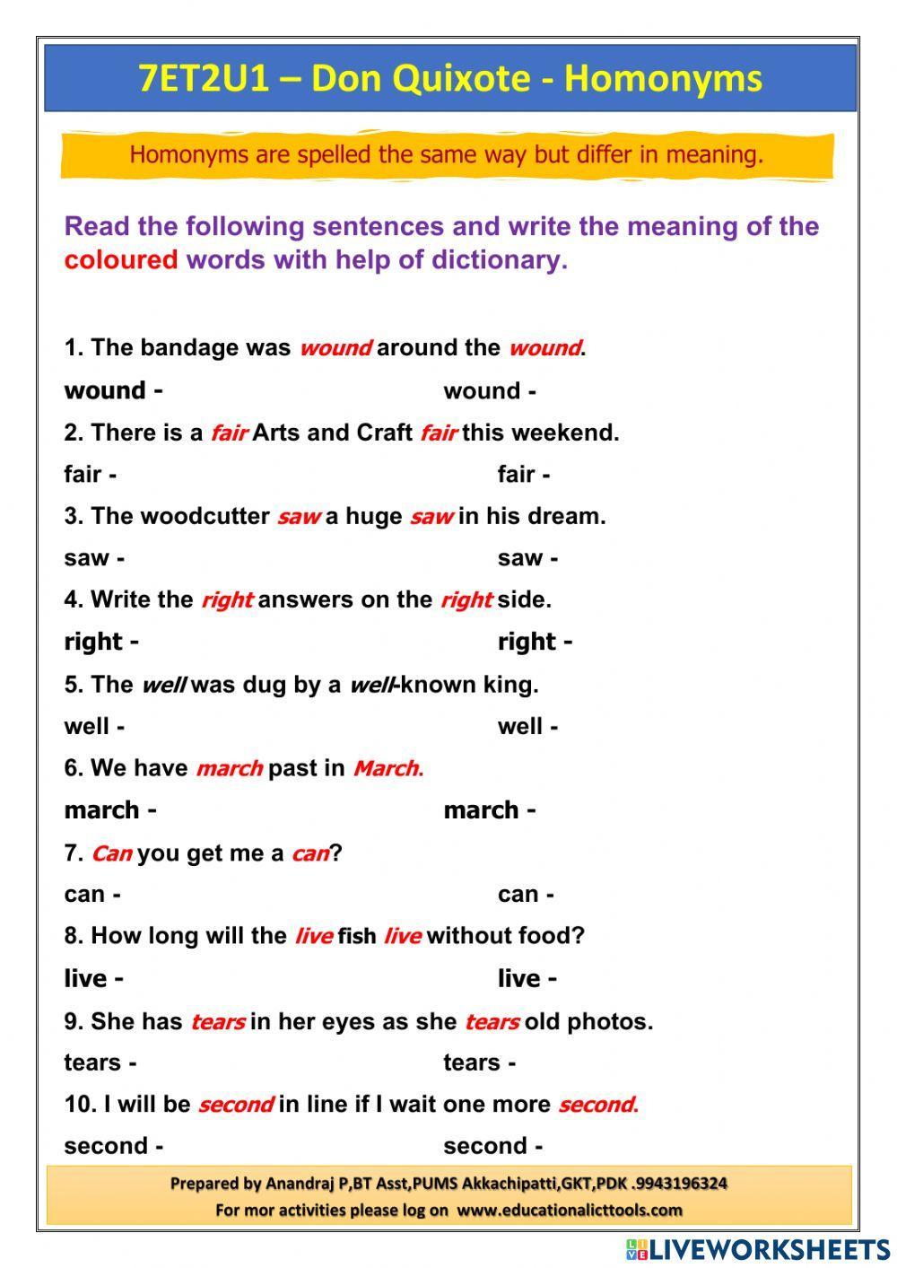 2178908 | Homonyms | Anandraj P | LiveWorksheets