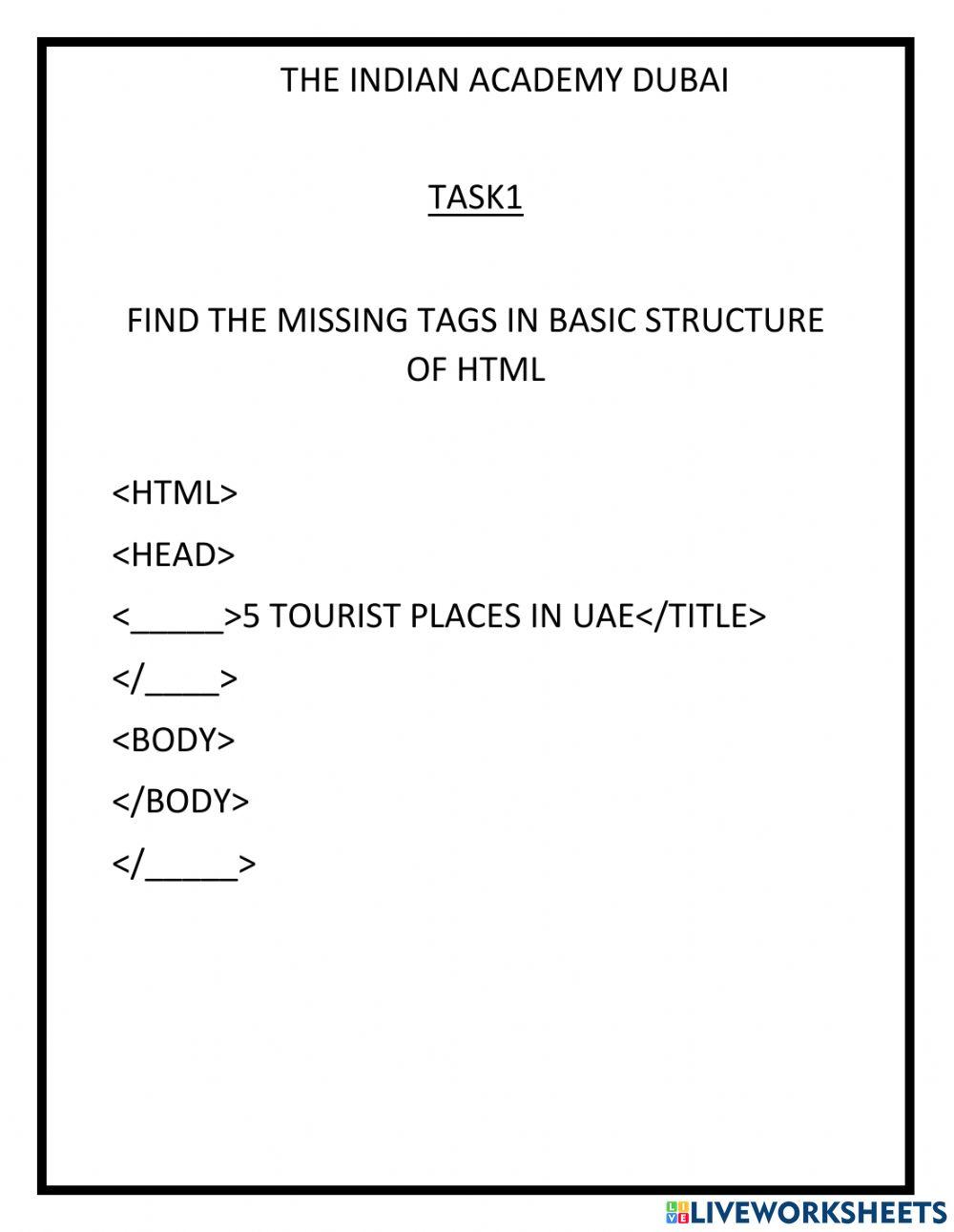 Basic structure of html online exercise for live worksheets