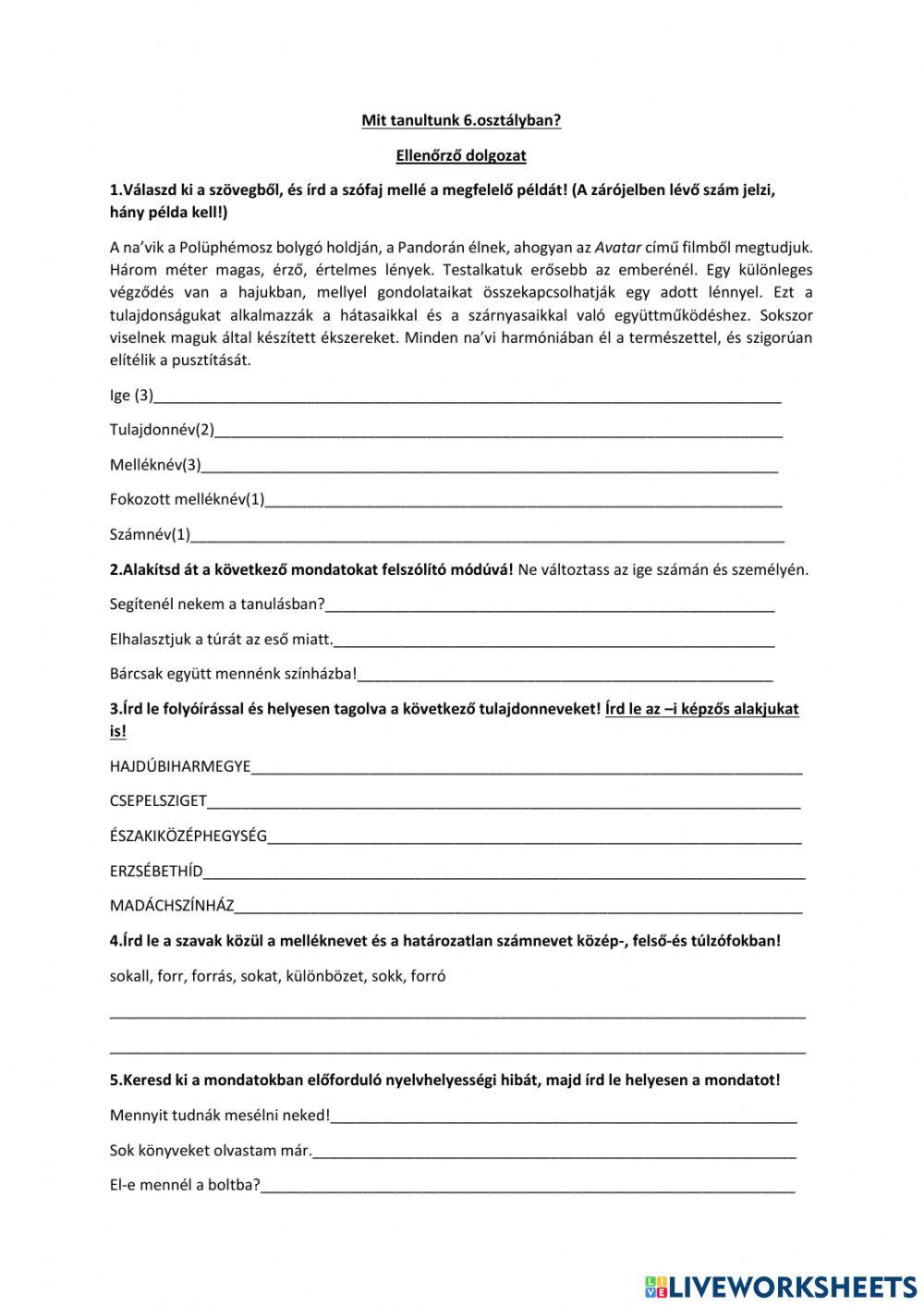 Mit tanultunk 6.osztályban? Év eleji felmérés