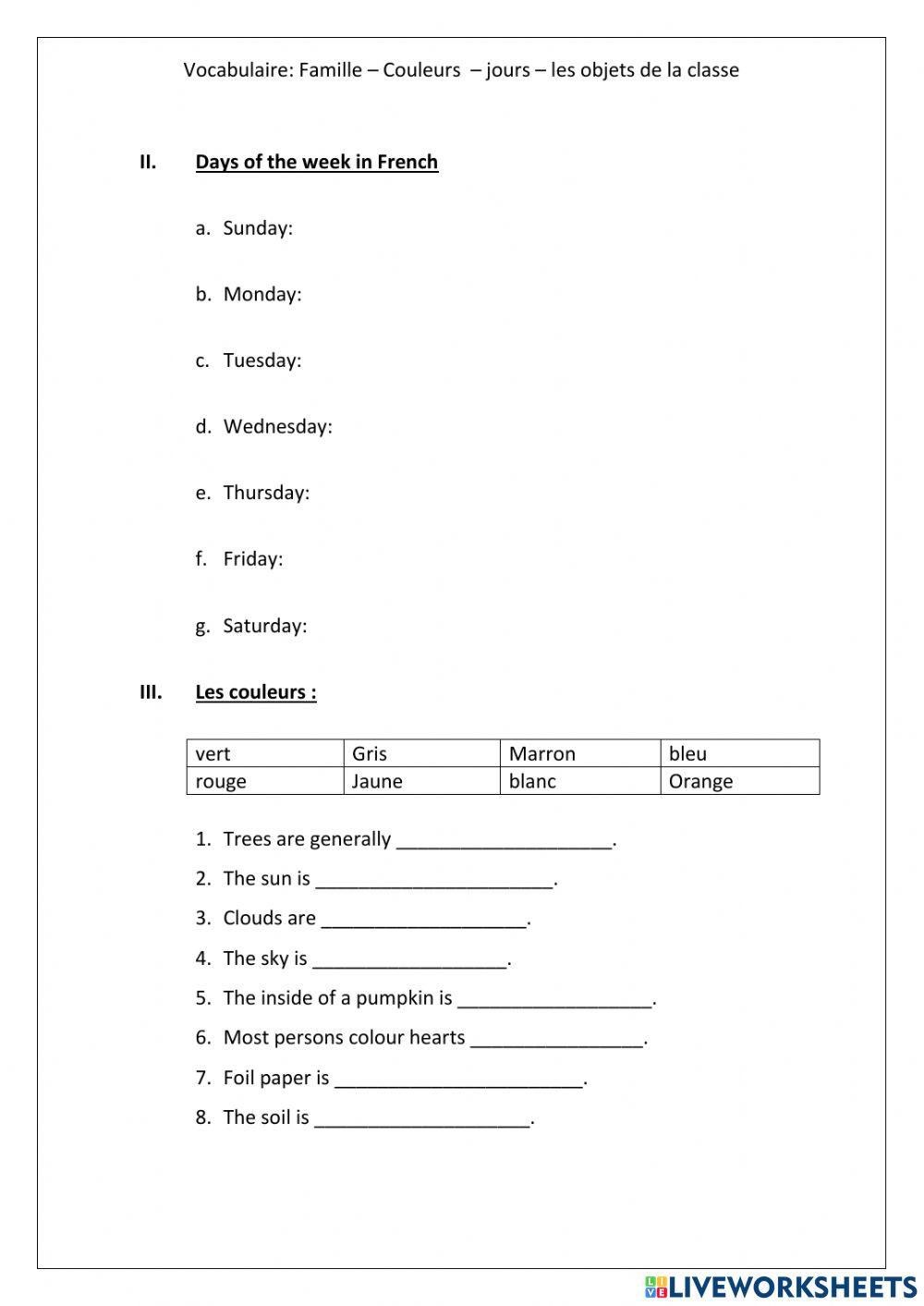 Family, days, colours and classroom items