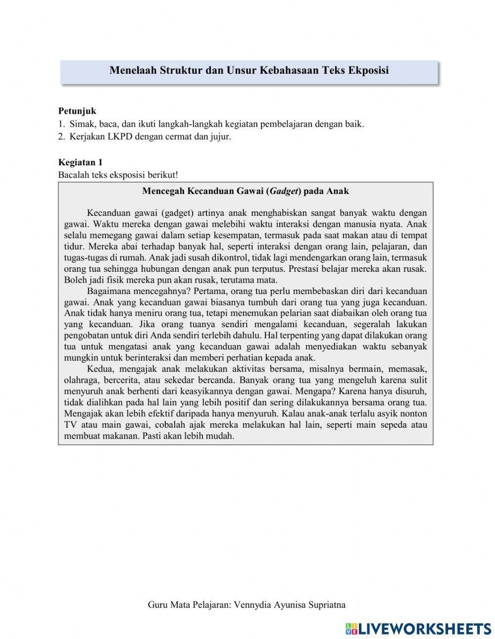 LKPD Struktur dan Kaidah Kebahasaan Teks Eksposisi