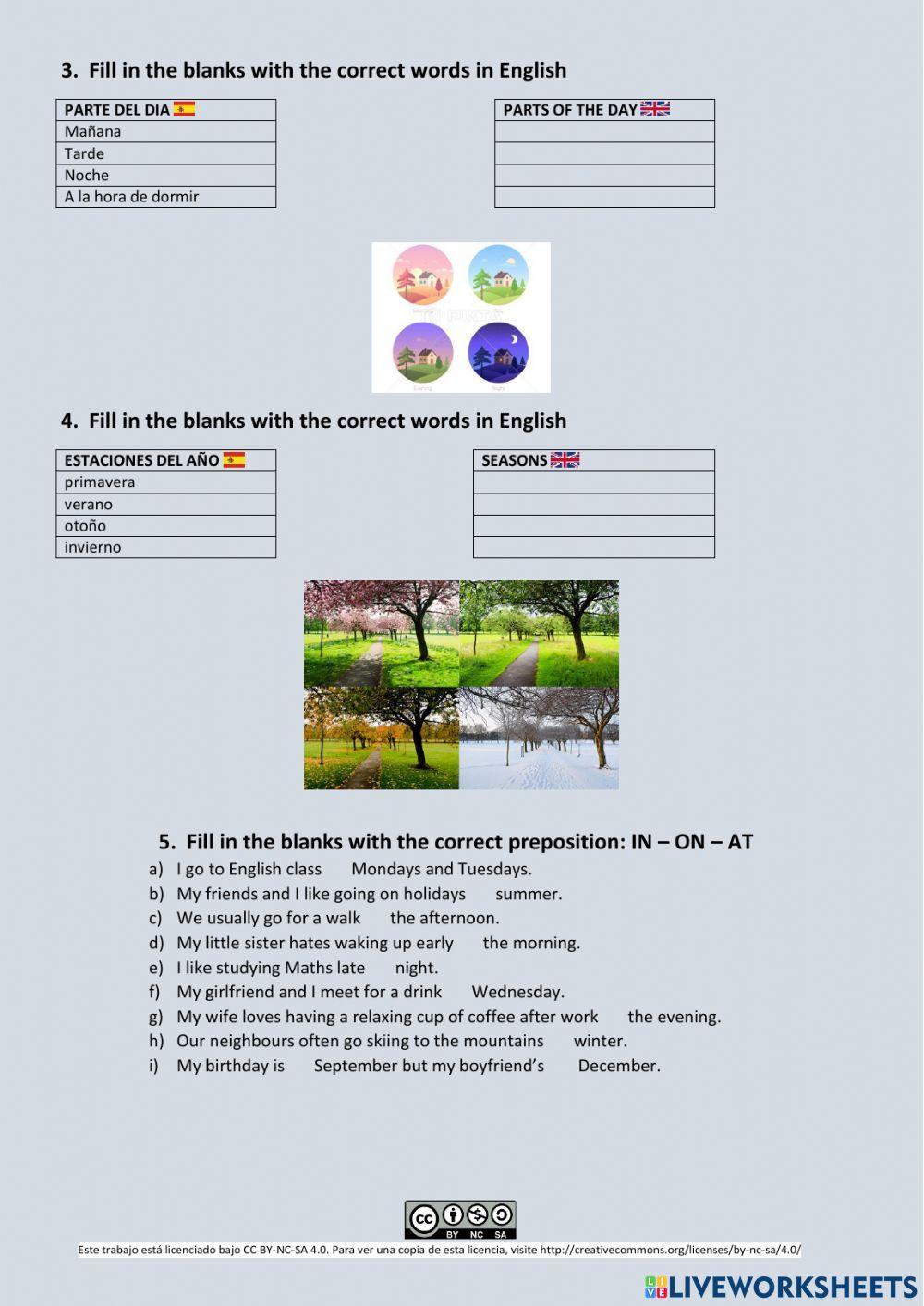 Months of the year, days of the week, seasons and parts of the day