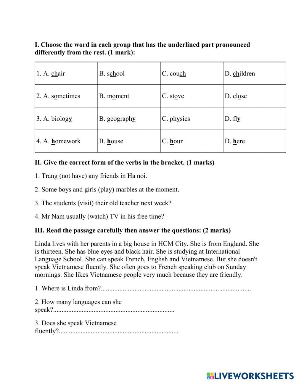 Ôn thi giữa kì 1 tiếng anh lớp 7